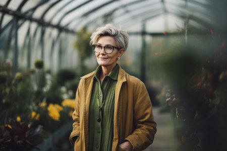 Portrait of a senior woman with glasses standing in a greenhouse.の素材