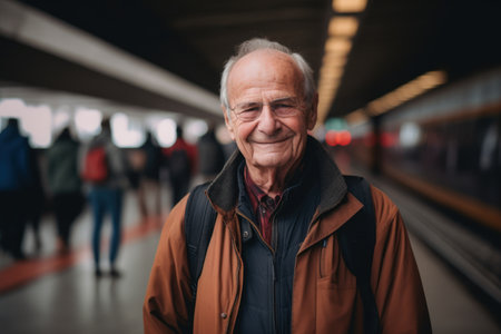 Portrait of an elderly man on the platform of a subway stationの素材