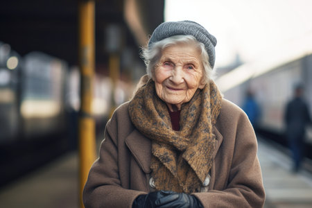 Portrait of an elderly woman on the platform of a train stationの素材
