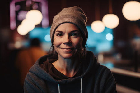 Portrait of a young woman in a hat and a sweatshirt in a cafeの素材