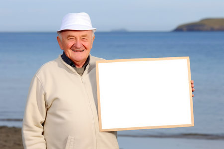 Senior man holding a blank signboard on the beach with copy spaceの素材