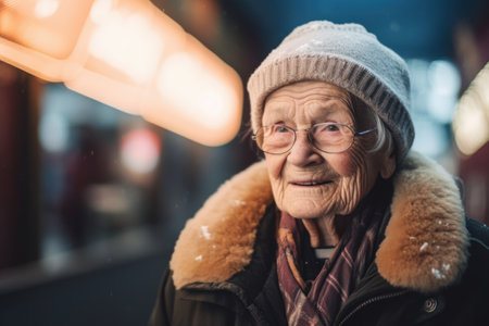 Portrait of an elderly woman in the city at winter time.の素材