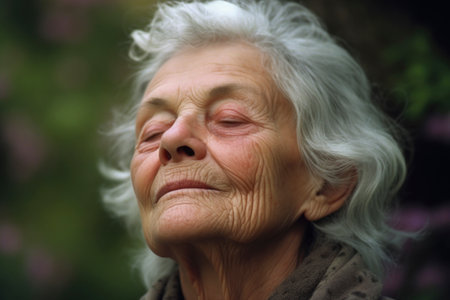 Portrait of an elderly woman in a park on a sunny dayの素材