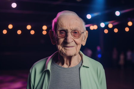 Portrait of an elderly man with glasses in a nightclub on stageの素材