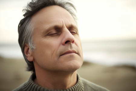 Portrait Of Mature Man Relaxing On Beach At Winter Dayの素材