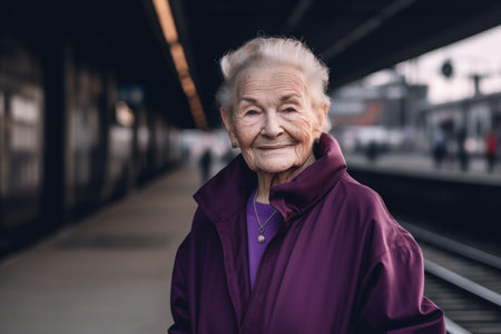 Portrait of an elderly woman on the platform of a train stationの素材
