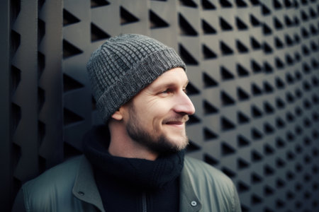 Portrait of a young man in a knitted cap and coat.の素材