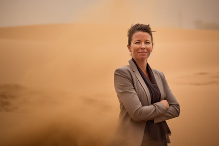 Mature businesswoman standing in the middle of the desert with arms crossedの素材