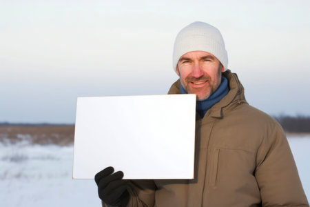 Portrait of a smiling man in winter clothes holding a white sheet of paperの素材
