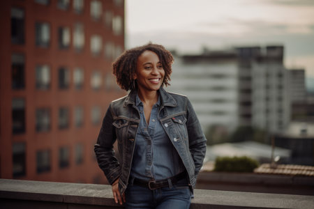 Portrait of a beautiful young african american woman with afro hairstyle, wearing jeans jacket, posing on the roof of the building.の素材