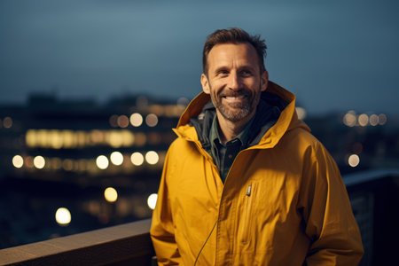 Portrait of a handsome man in a yellow raincoat on the embankmentの素材