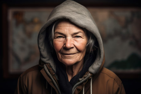 Portrait of an elderly woman in a hood on a dark backgroundの素材