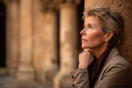 Outdoor portrait of beautiful young woman with short blonde hair, wearing beige coat, looking away.の素材