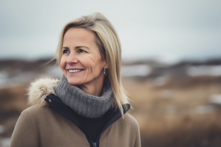 Portrait of a beautiful middle-aged woman with short blonde hair wearing a brown coat and gray scarf on the beach in winter.の素材