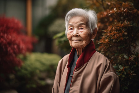 Portrait of asian senior woman wearing coat in the garden.の素材
