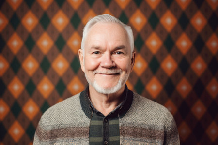 Portrait of a happy senior man with gray hair and beard on vintage backgroundの素材