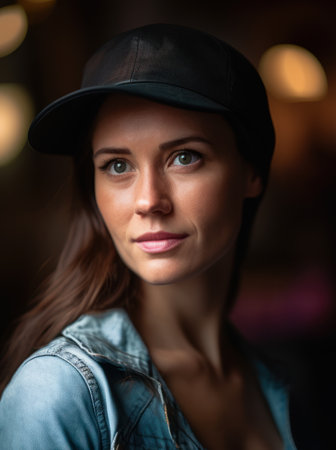Portrait of a beautiful young woman in a cap in a cafeの素材
