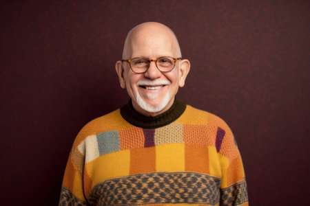 Portrait of a smiling senior man wearing glasses and a striped sweaterの素材