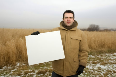 Man holding a blank sign in a wheat field in winter with copyspaceの素材