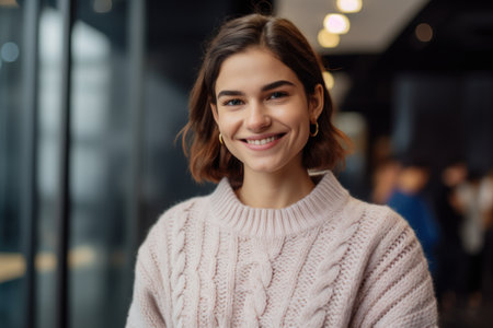Portrait of smiling young woman in sweater looking at camera in cafeの素材