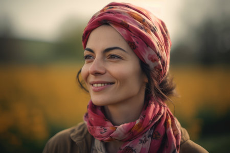 portrait of a beautiful girl with a scarf on her head in the fieldの素材