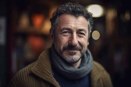 Portrait of a handsome middle-aged man with gray hair and beard wearing a warm woolen sweater and scarfの素材