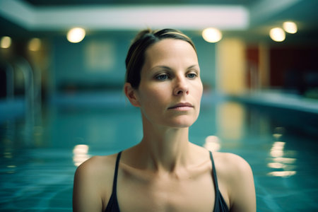 Portrait of a beautiful young woman in swimming pool at spa centerの素材