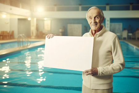 Cheerful senior man holding a blank sheet of paper in swimming poolの素材
