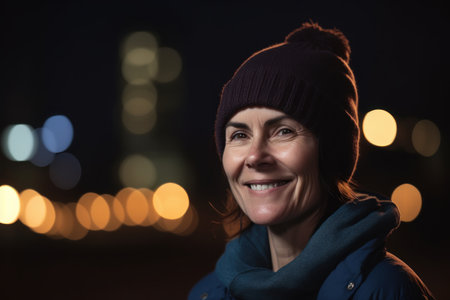 Portrait of a smiling middle-aged woman in the city at nightの素材