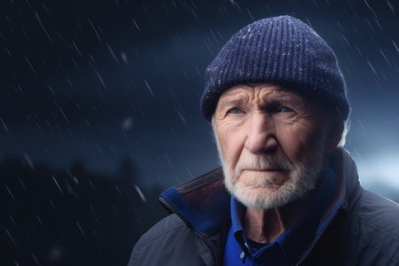 Portrait of an elderly man with gray hair in the rain.の素材