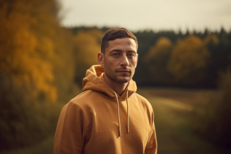 Portrait of a young man in a yellow hoodie against the background of autumn forest.の素材