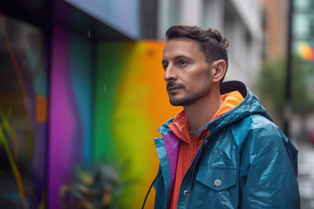 young handsome hipster man in raincoat and jacket at city streetの素材