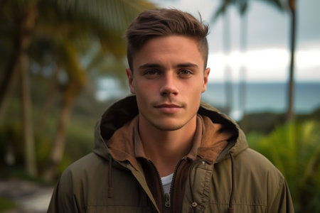 Portrait of a handsome young man in a green jacket on a tropical backgroundの素材