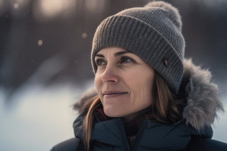 Portrait of a beautiful woman in a winter hat and blue jacketの素材