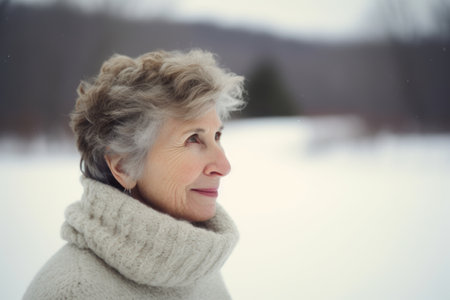 Portrait of a senior woman on a background of the winter landscapeの素材