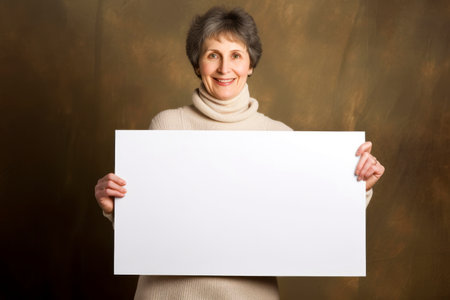 Mature woman holding a white sheet of paper on a dark backgroundの素材
