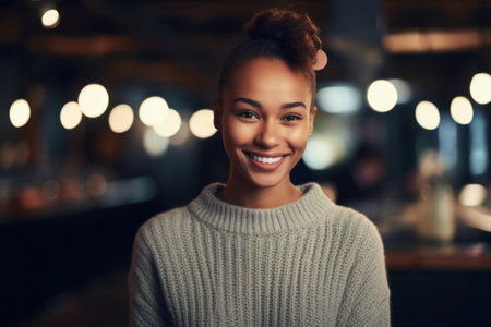 Portrait of smiling african american woman in sweater at cafeの素材