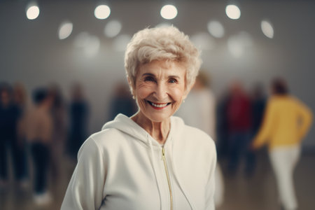 Portrait of smiling senior woman looking at camera with blurred people in backgroundの素材