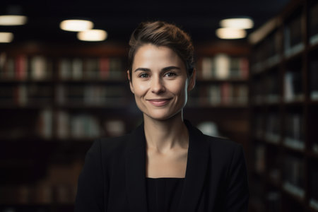 Portrait of smiling businesswoman standing against bookshelf in libraryの素材