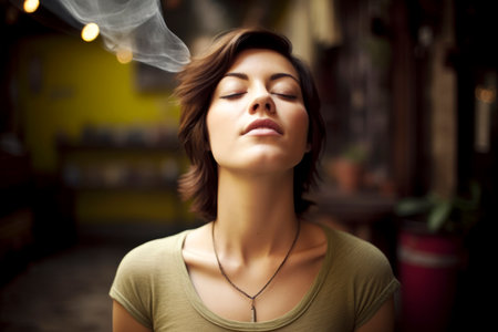 Portrait of a beautiful young woman with closed eyes in a cafeの素材