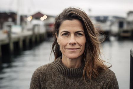 Portrait of a beautiful middle-aged woman with long brown hair, wearing a brown sweater, standing on a pier in the port.の素材