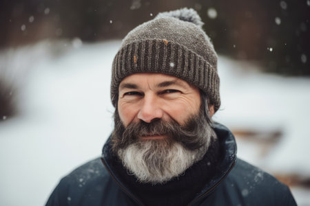 Portrait of a bearded man with gray beard and mustache in the winter forestの素材