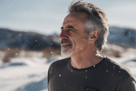 Senior man with gray hair and beard smiling at the camera while standing in the snow on a sunny dayの素材