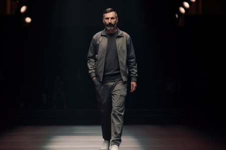Fashion model wearing clothes designed by Robert Sever on the Zagreb Fashion Week show in Zagreb, Croatia.の素材