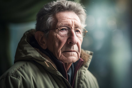 Portrait of an elderly man with glasses on a cold winter dayの素材