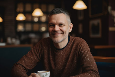 Portrait of a smiling middle-aged man in a cafe.の素材