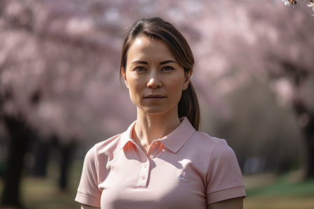 Beautiful asian woman in pink polo shirt and cherry blossom backgroundの素材