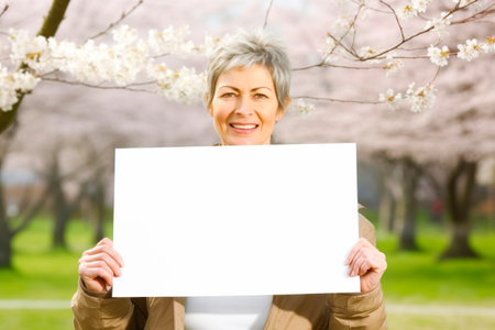Happy senior woman holding a white sign in front of a blooming cherry treeの素材