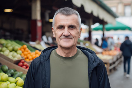 Portrait of a smiling mature man at the market, shallow depth of fieldの素材