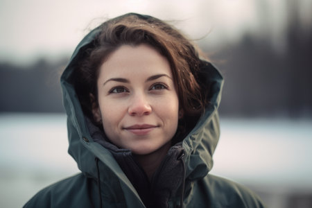 Portrait of a beautiful young woman in a green jacket in the winterの素材